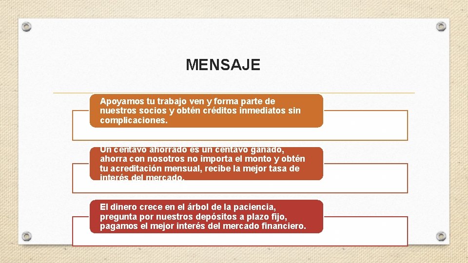 MENSAJE Apoyamos tu trabajo ven y forma parte de nuestros socios y obtén créditos