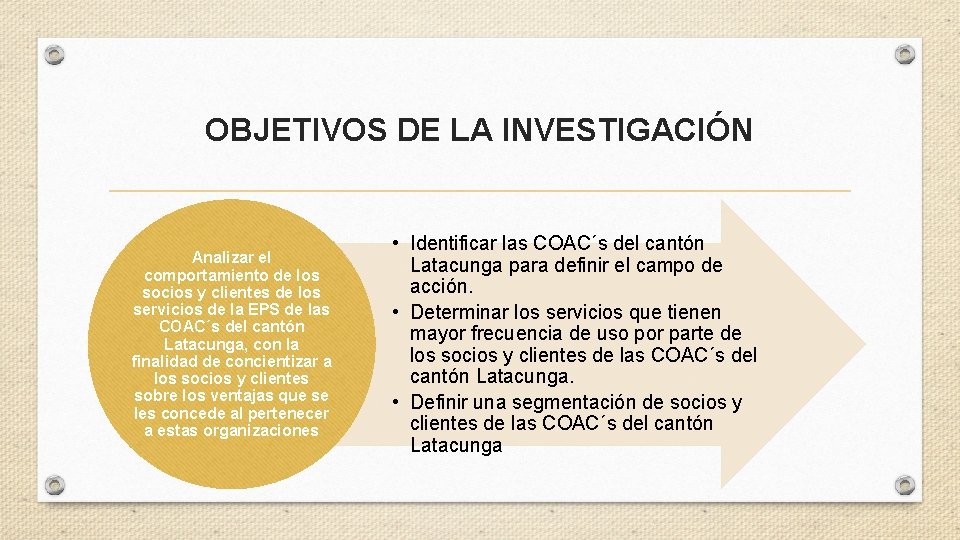 OBJETIVOS DE LA INVESTIGACIÓN Analizar el comportamiento de los socios y clientes de los