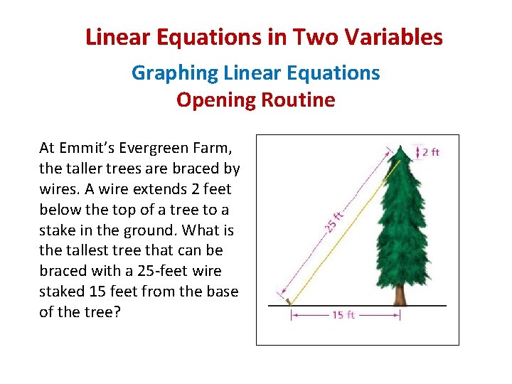 Linear Equations in Two Variables Graphing Linear Equations Opening Routine At Emmit’s Evergreen Farm,