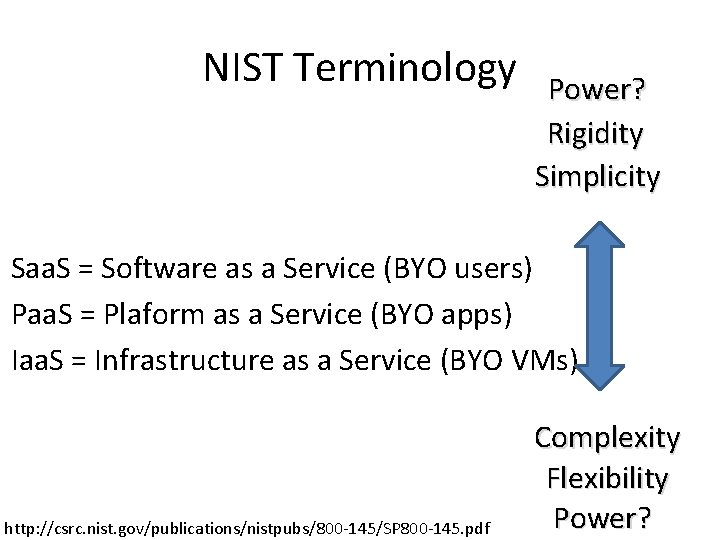 NIST Terminology Power? Rigidity Simplicity Saa. S = Software as a Service (BYO users)