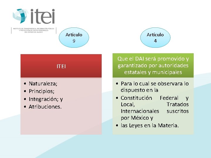 Artículo 9 ITEI • • Naturaleza; Principios; Integración; y Atribuciones. Artículo 4 Que el