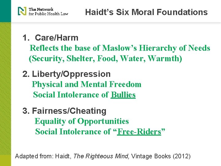 Haidt’s Six Moral Foundations 1. Care/Harm Reflects the base of Maslow’s Hierarchy of Needs