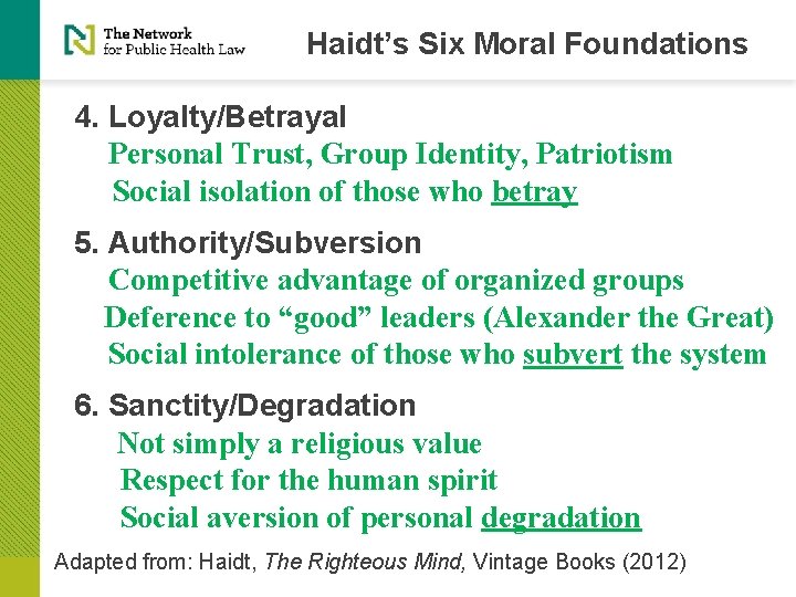 Haidt’s Six Moral Foundations 4. Loyalty/Betrayal Personal Trust, Group Identity, Patriotism Social isolation of