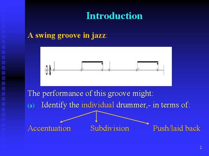 Introduction A swing groove in jazz: The performance of this groove might: (a) Identify