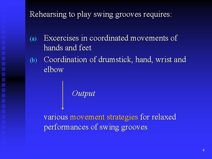 Rehearsing to play swing grooves requires: (a) (b) Excercises in coordinated movements of hands