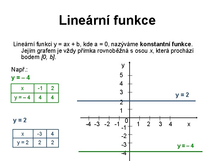 Lineární funkce Lineární funkci y = ax + b, kde a = 0, nazýváme