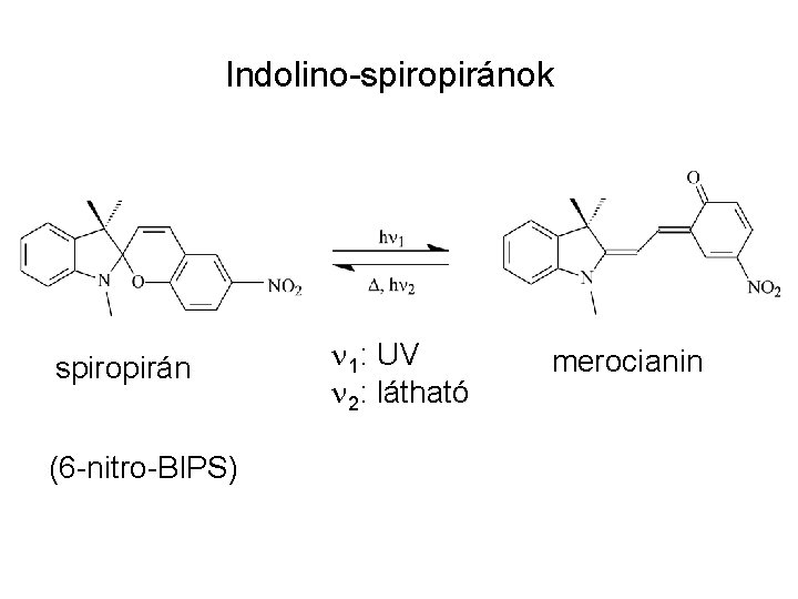 Indolino-spiropiránok spiropirán (6 -nitro-BIPS) n 1: UV n 2: látható merocianin 