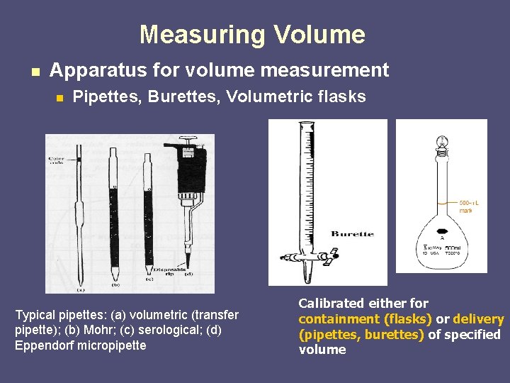 Measuring Volume n Apparatus for volume measurement n Pipettes, Burettes, Volumetric flasks Typical pipettes: Measuring Volume n Apparatus for volume measurement n Pipettes, Burettes, Volumetric flasks Typical pipettes: