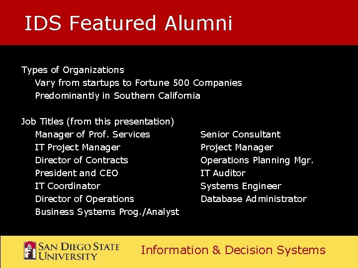 IDS Featured Alumni Types of Organizations Vary from startups to Fortune 500 Companies Predominantly IDS Featured Alumni Types of Organizations Vary from startups to Fortune 500 Companies Predominantly