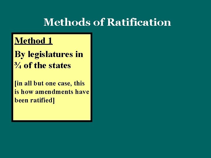 Methods of Ratification Method 1 By legislatures in ¾ of the states [in all