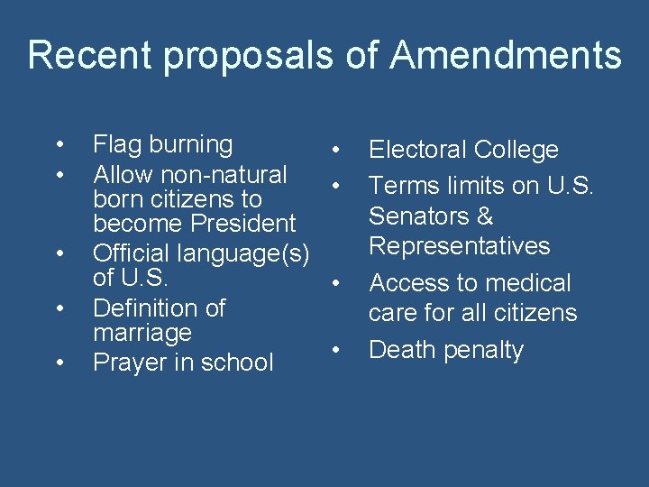 Recent proposals of Amendments • • • Flag burning Allow non-natural born citizens to