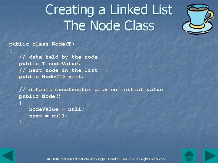 Creating a Linked List The Node Class public class Node<T> { // data held