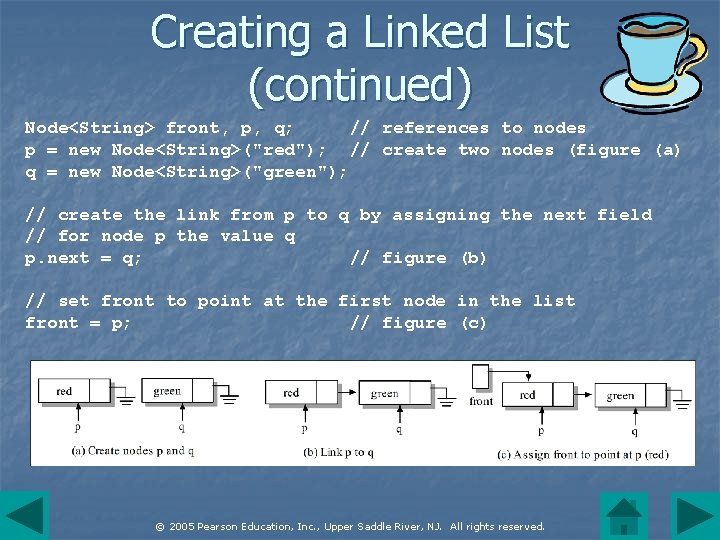 Creating a Linked List (continued) Node<String> front, p, q; // references to nodes p