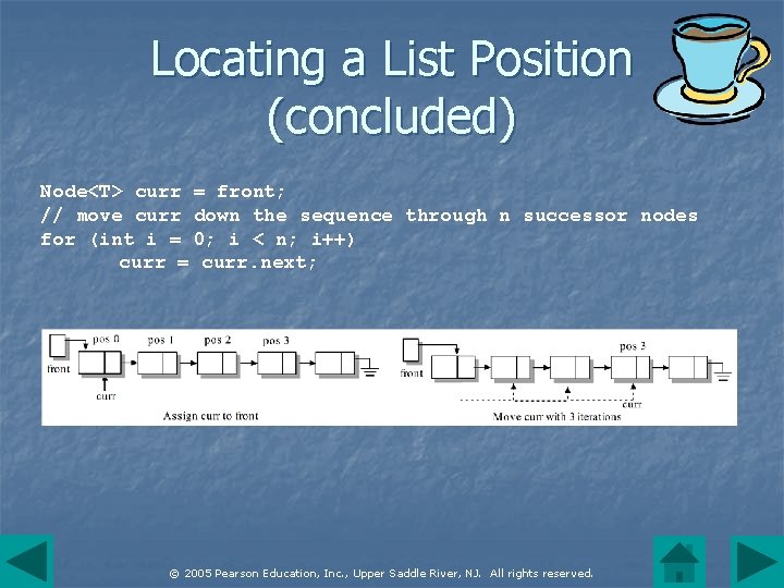 Locating a List Position (concluded) Node<T> curr = front; // move curr down the