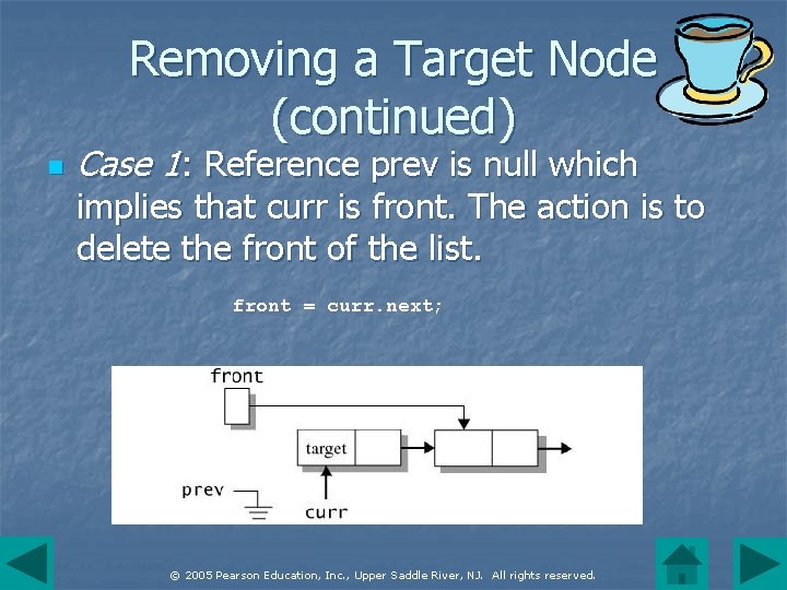 Removing a Target Node (continued) n Case 1: Reference prev is null which implies