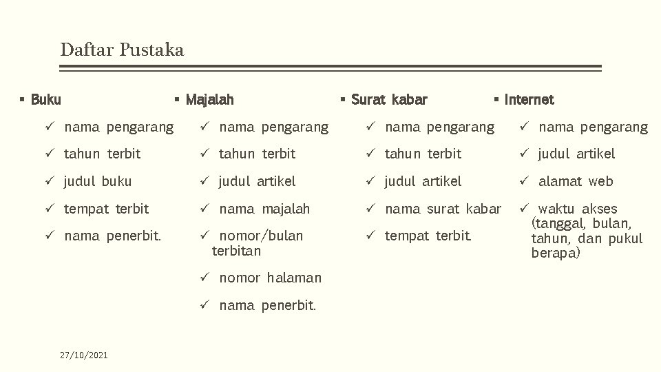 Daftar Pustaka § Buku § Majalah § Surat kabar § Internet ü nama pengarang