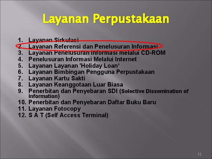 Layanan Perpustakaan 1. 2. 3. 4. 5. 6. 7. 8. 9. Layanan Sirkulasi Layanan