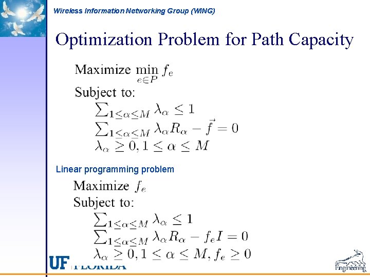 Wireless Information Networking Group (WING) Optimization Problem for Path Capacity Linear programming problem 