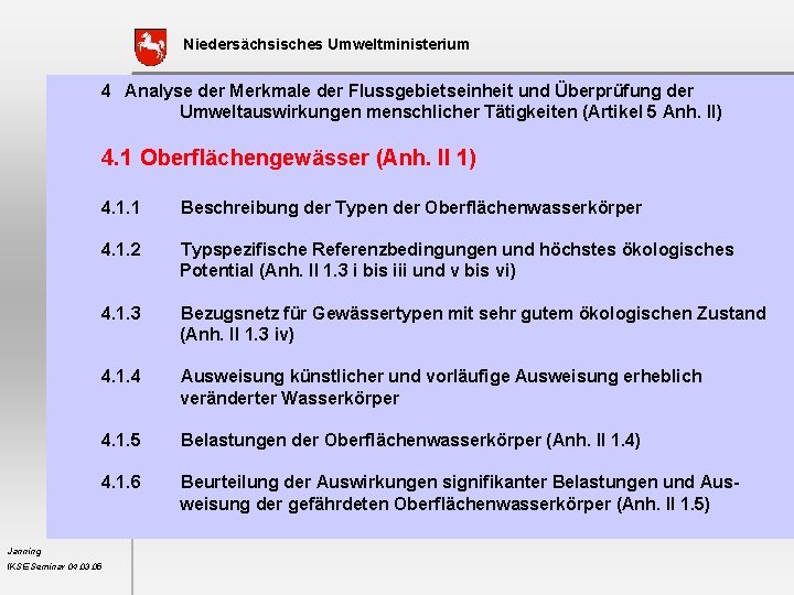 Niedersächsisches Umweltministerium 4 Analyse der Merkmale der Flussgebietseinheit und Überprüfung der Umweltauswirkungen menschlicher Tätigkeiten