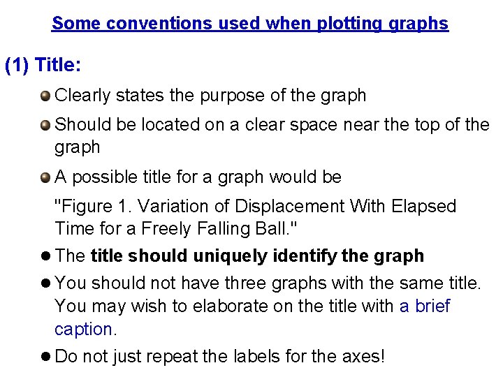 Some conventions used when plotting graphs (1) Title: Clearly states the purpose of the