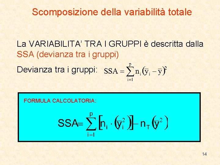 Scomposizione della variabilità totale La VARIABILITA’ TRA I GRUPPI è descritta dalla SSA (devianza