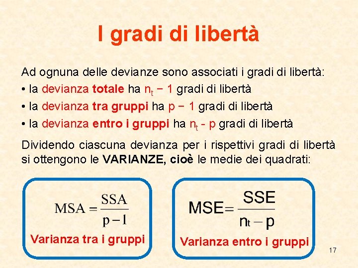 I gradi di libertà Ad ognuna delle devianze sono associati i gradi di libertà: