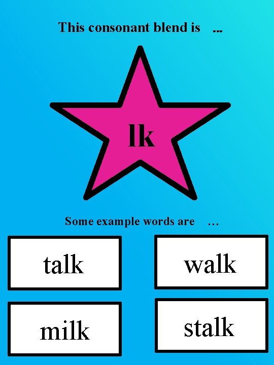 This consonant blend is … lk Some example words are … talk walk milk This consonant blend is … lk Some example words are … talk walk milk
