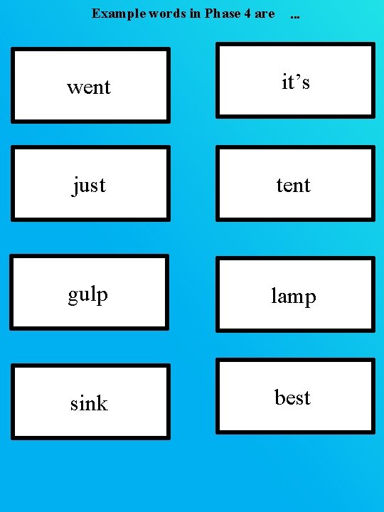 Example words in Phase 4 are … went it’s just tent gulp lamp sink Example words in Phase 4 are … went it’s just tent gulp lamp sink