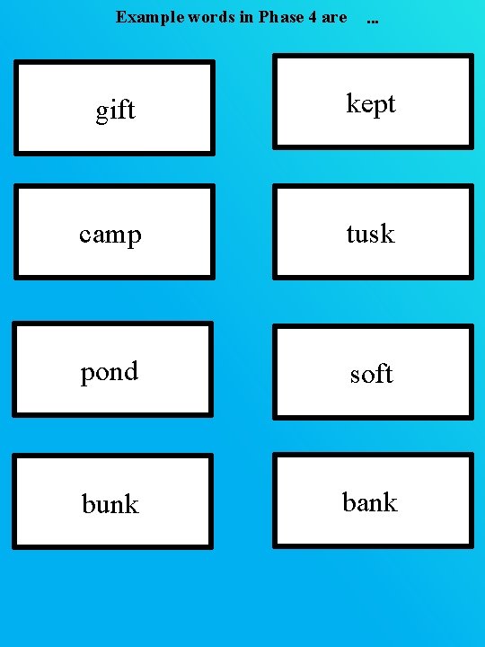 Example words in Phase 4 are … gift kept camp tusk pond soft bunk Example words in Phase 4 are … gift kept camp tusk pond soft bunk