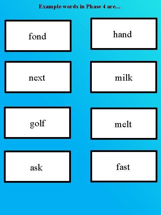 Example words in Phase 4 are… fond hand next milk golf melt ask fast Example words in Phase 4 are… fond hand next milk golf melt ask fast