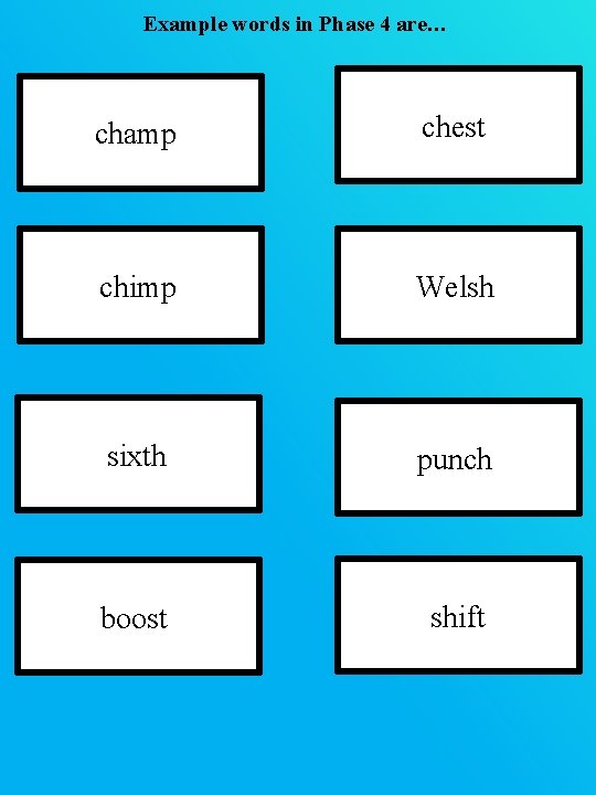 Example words in Phase 4 are… champ chest chimp Welsh sixth punch boost shift Example words in Phase 4 are… champ chest chimp Welsh sixth punch boost shift