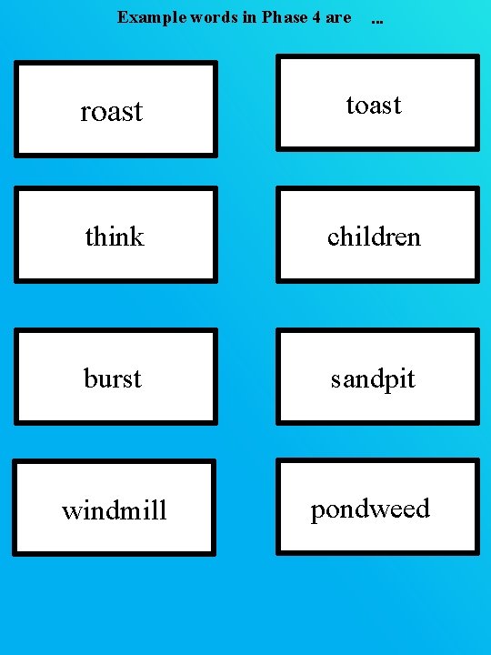 Example words in Phase 4 are … roast think children burst sandpit windmill pondweed Example words in Phase 4 are … roast think children burst sandpit windmill pondweed