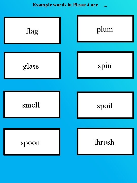 Example words in Phase 4 are … flag plum glass spin smell spoil spoon Example words in Phase 4 are … flag plum glass spin smell spoil spoon