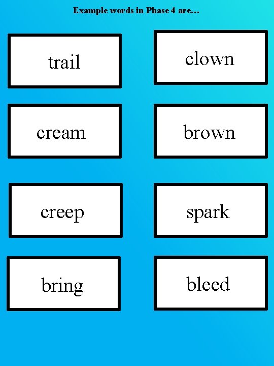 Example words in Phase 4 are… trail clown cream brown creep spark bring bleed Example words in Phase 4 are… trail clown cream brown creep spark bring bleed