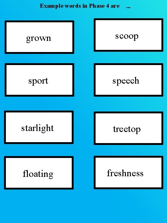 Example words in Phase 4 are … grown scoop sport speech starlight treetop floating Example words in Phase 4 are … grown scoop sport speech starlight treetop floating