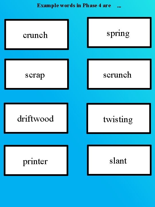 Example words in Phase 4 are … crunch spring scrap scrunch driftwood twisting printer Example words in Phase 4 are … crunch spring scrap scrunch driftwood twisting printer