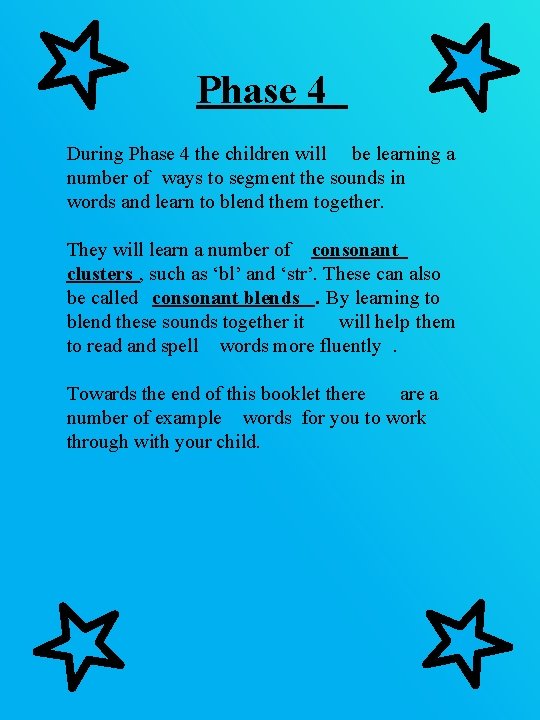Phase 4 During Phase 4 the children will be learning a number of ways Phase 4 During Phase 4 the children will be learning a number of ways
