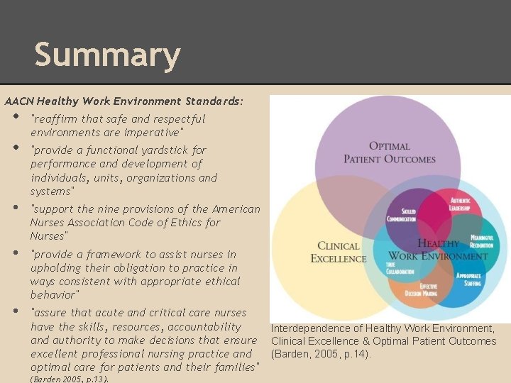 Summary AACN Healthy Work Environment Standards: • • "reaffirm that safe and respectful environments