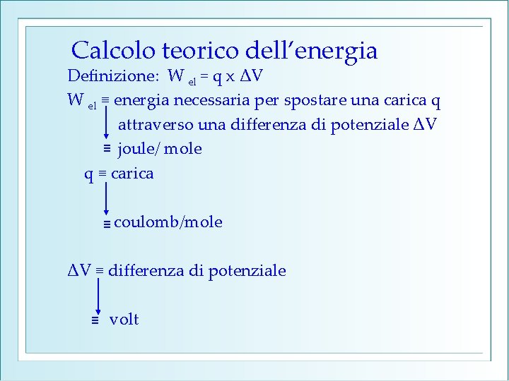 Calcolo teorico dell’energia Definizione: W el = q x ΔV W el ≡ energia
