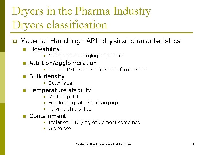 Dryers in the Pharma Industry Dryers classification p Material Handling- API physical characteristics n