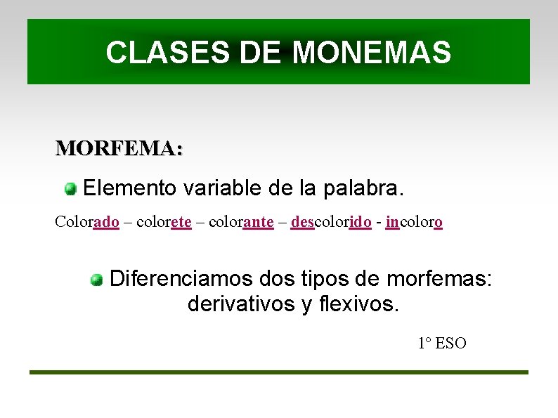 CLASES DE MONEMAS MORFEMA: Elemento variable de la palabra. Colorado – colorete – colorante