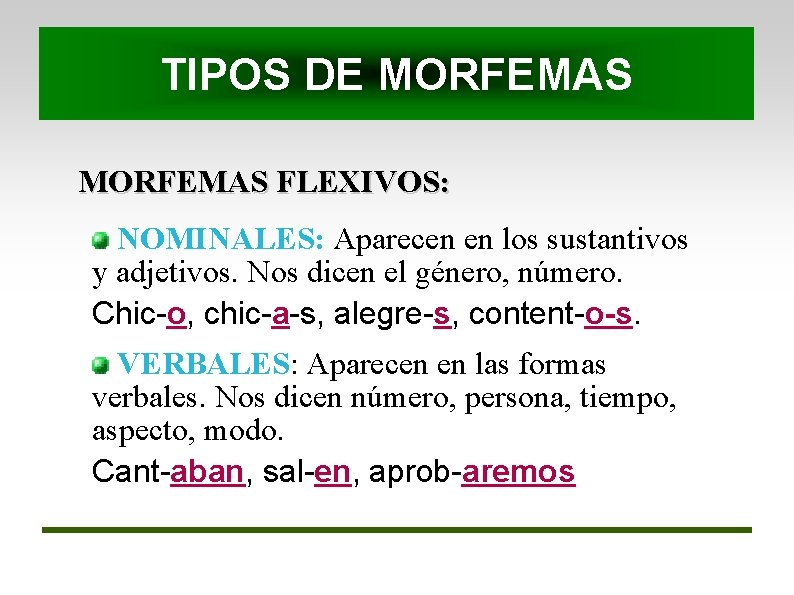 TIPOS DE MORFEMAS FLEXIVOS: NOMINALES: Aparecen en los sustantivos y adjetivos. Nos dicen el