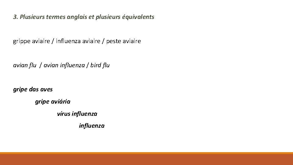 3. Plusieurs termes anglais et plusieurs équivalents grippe aviaire / influenza aviaire / peste