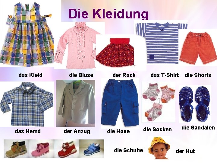 Die Kleidung das Kleid das Hemd die Bluse der Anzug der Rock die Hose