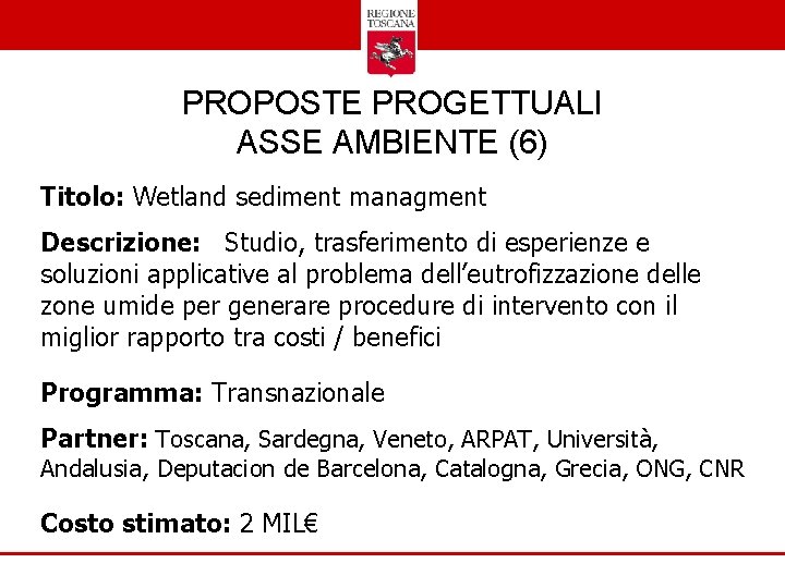 PROPOSTE PROGETTUALI ASSE AMBIENTE (6) Titolo: Wetland sediment managment Descrizione: Studio, trasferimento di esperienze