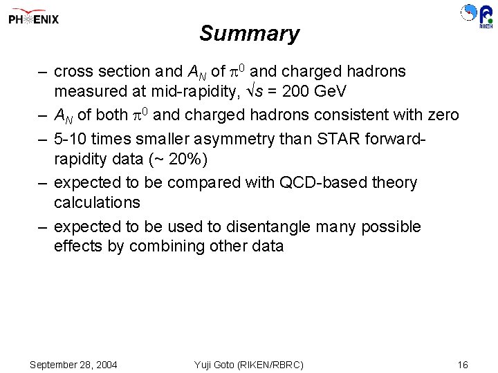 Summary – cross section and AN of 0 and charged hadrons measured at mid-rapidity,