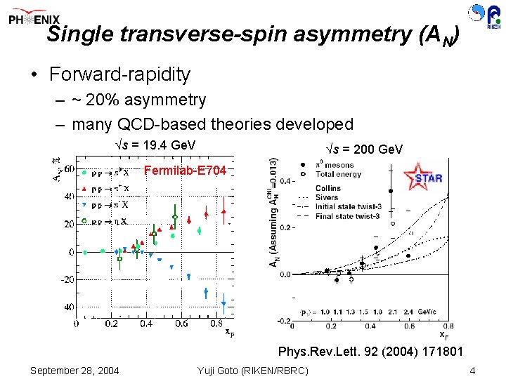 Single transverse-spin asymmetry (AN) • Forward-rapidity – ~ 20% asymmetry – many QCD-based theories