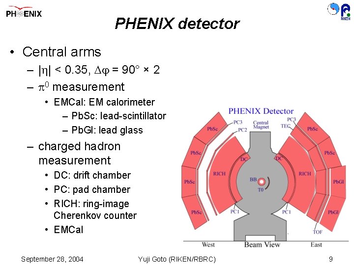 PHENIX detector • Central arms – | | < 0. 35, = 90° ×