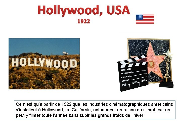 Hollywood, USA 1922 Ce n’est qu’à partir de 1922 que les industries cinématographiques américains