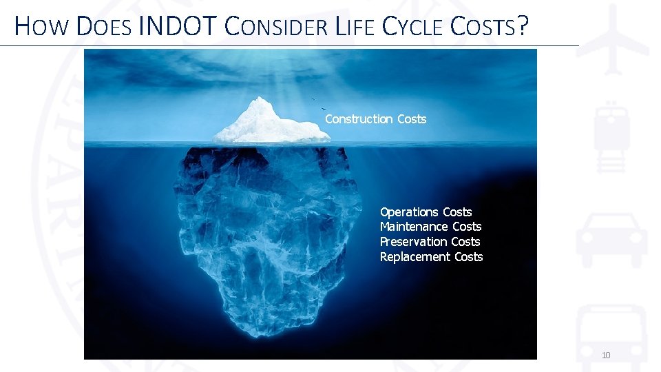 HOW DOES INDOT CONSIDER LIFE CYCLE COSTS? Construction Costs Operations Costs Maintenance Costs Preservation